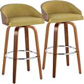 Shiraz 30" Swivel Bar Stool in Walnut Wood w/ Green Fabric w/ Chrome Footrest (Set of 2)